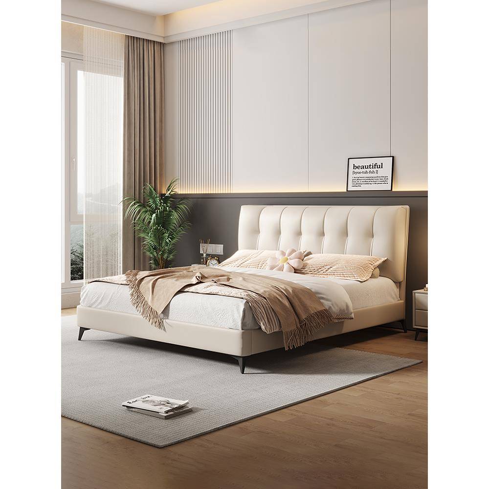 北栖大软靠背床意式极简真皮床现代简约主卧小户型婚床双人榉木床