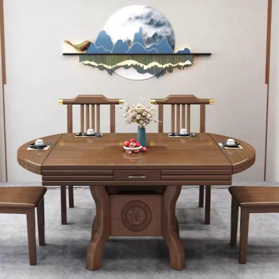 实木八仙桌餐桌椅组合家用吃饭圆桌新中式可伸缩折叠正方形桌两用