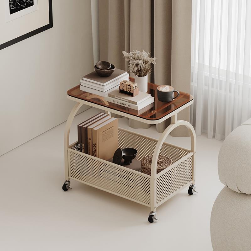 可移动沙发边几奶油风客厅带轮小茶几网红简约玻璃小推车置物架