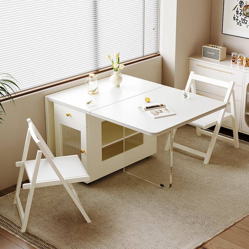 实木岩板折叠餐桌家用小户型饭桌奶油风可移动多功能收纳吃饭桌子