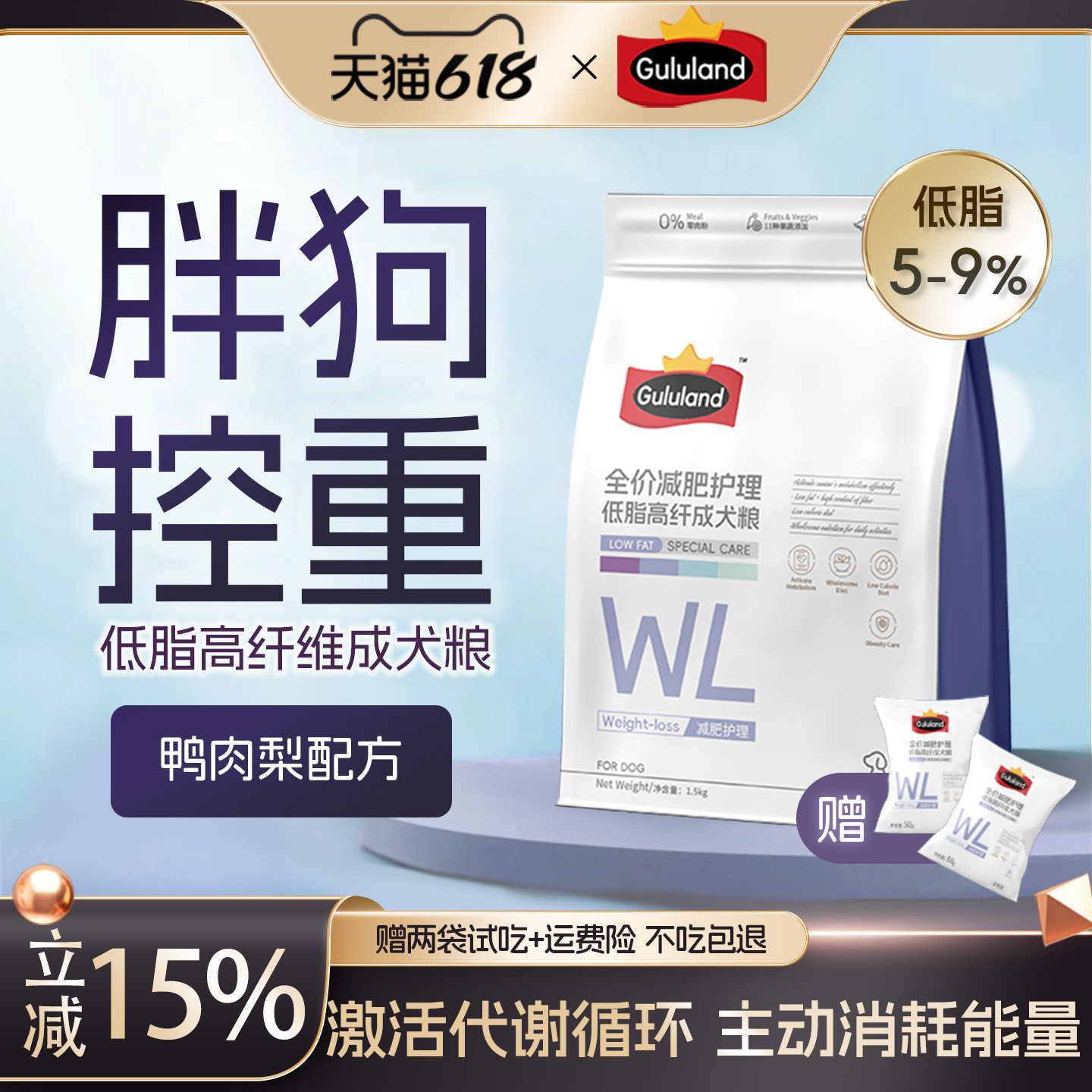 Gululand高纤维易消低脂狗粮绝育体重控制管理鸭肉梨大小型犬