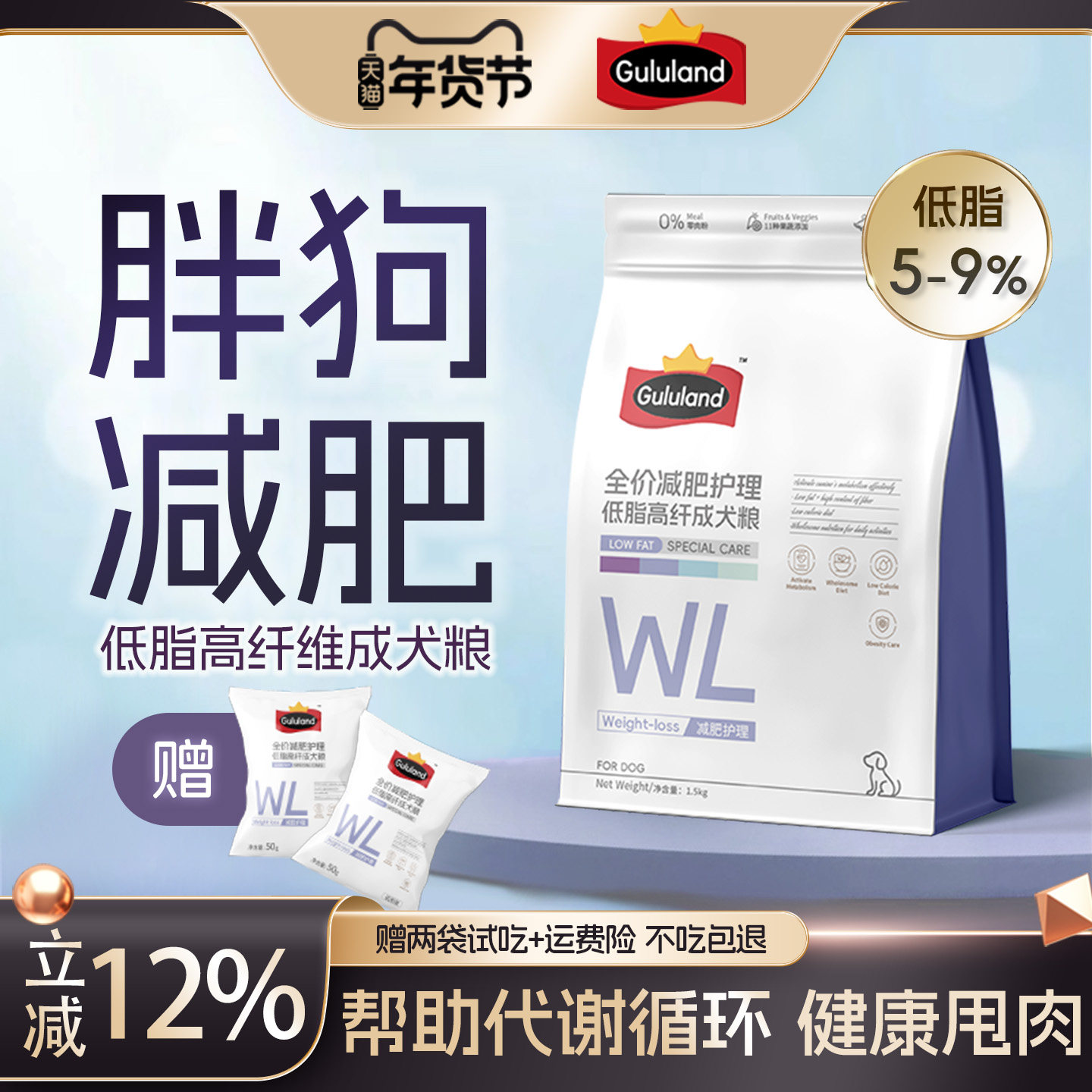 Gululand高纤维易消低脂狗粮减肥减脂绝育体重控制鸭肉梨大小型犬