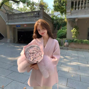 短款小个子狐狸毛皮双面羊毛大衣女中长款冬新系带斗篷羊毛呢外套