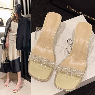 透明凉鞋女高跟鞋2023年夏季新款中跟时装百搭粗跟外穿.水钻凉拖