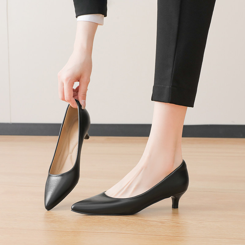 商务礼仪职业工装鞋黑色尖头高跟A鞋低跟不累脚工作鞋空姐面试女