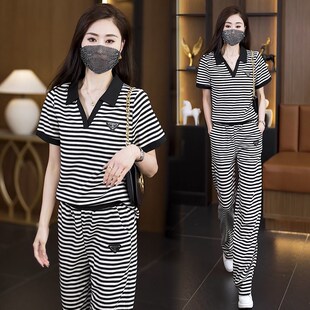2025年夏季新款时n尚条纹宽松遮肉套装女高级设计感休闲运动两件