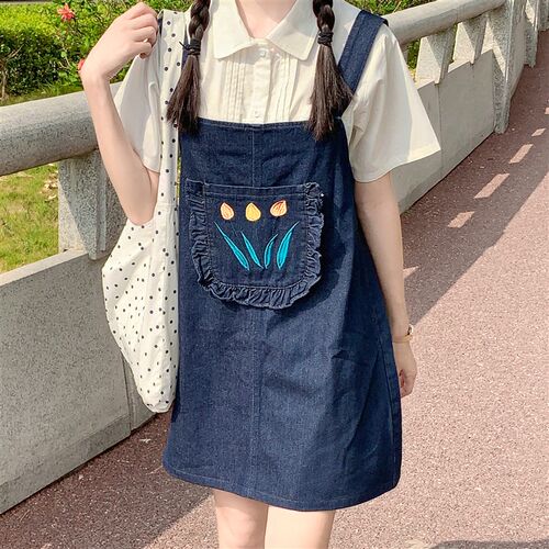 【翻斗花园日记】新款夏季刺绣牛仔背带裙女韩系设W计感小众小个