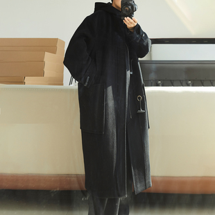 高定款100%羊毛长款连帽大衣男新款学院风牛角扣宽松毛呢情侣外套
