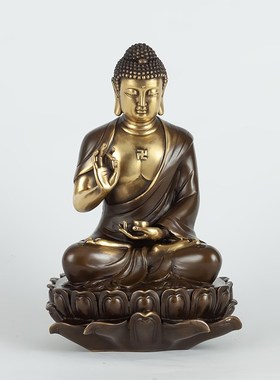 纯黄铜药师佛铜像摆件中式阿弥陀佛装饰释迦摩尼佛佛像三宝佛摆件