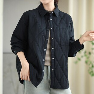 夹棉衬衫女秋冬天纯黑色加棉衬衣外套休闲百搭常规款菱形格小棉衣