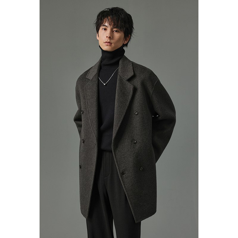 w2x秋冬季950g重磅长毛双面羊毛呢大衣男短款设计感妮子风衣外套