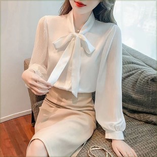 衣米阳光2023年春秋新款设计感时尚气质蝴蝶结白色长袖雪纺衫女