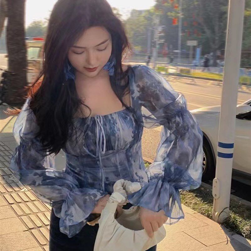 大胖女装胖mm春季法式高级甜美修身遮肚子显瘦显白心机莲藕袖上衣