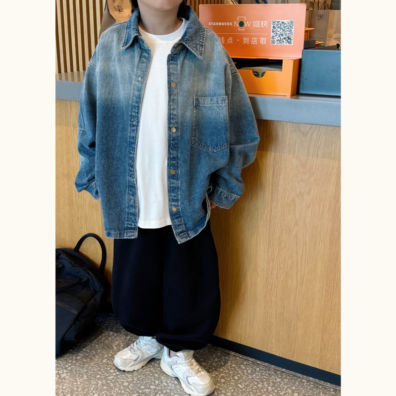 凯文家童装2024秋新男童中大童男童渐变牛仔衬衫儿童百搭衬衣外套