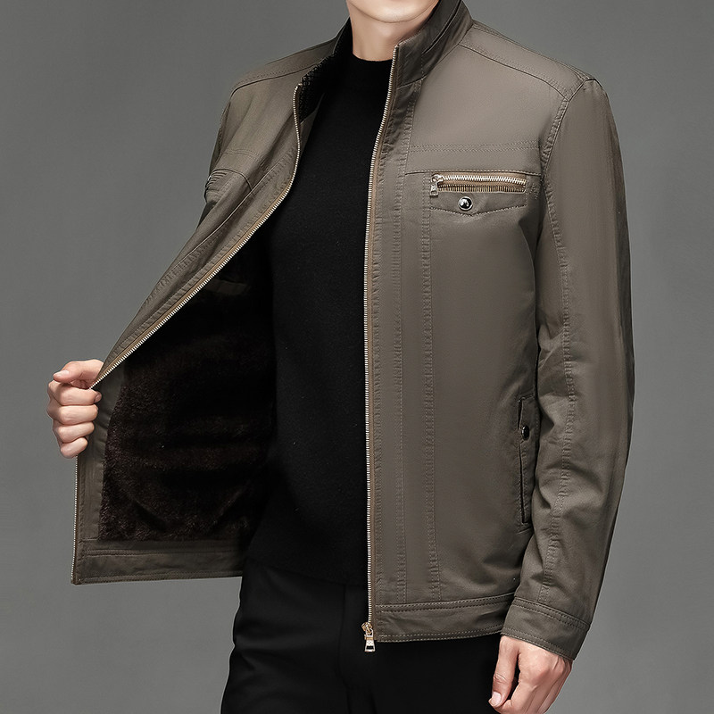 爸爸外套秋冬款中年男士夹克衫加绒加厚纯棉上衣中老年人男装秋装