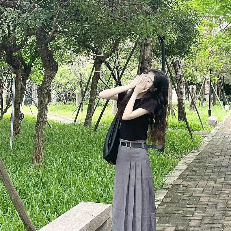 学院风灰色高腰西装百褶裙气质高级感宽松垂感A字中长款半身裙子