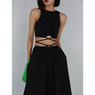 ousph 黑色半身裙女2024夏季高腰中长款a字裙吊带背心套装两件套