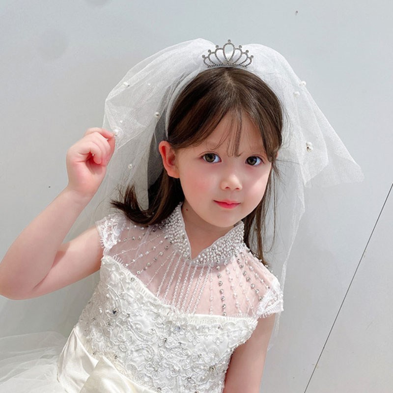儿童皇冠公主白色头纱网纱发箍女童宝宝生日拍照蝴蝶结发饰婚纱