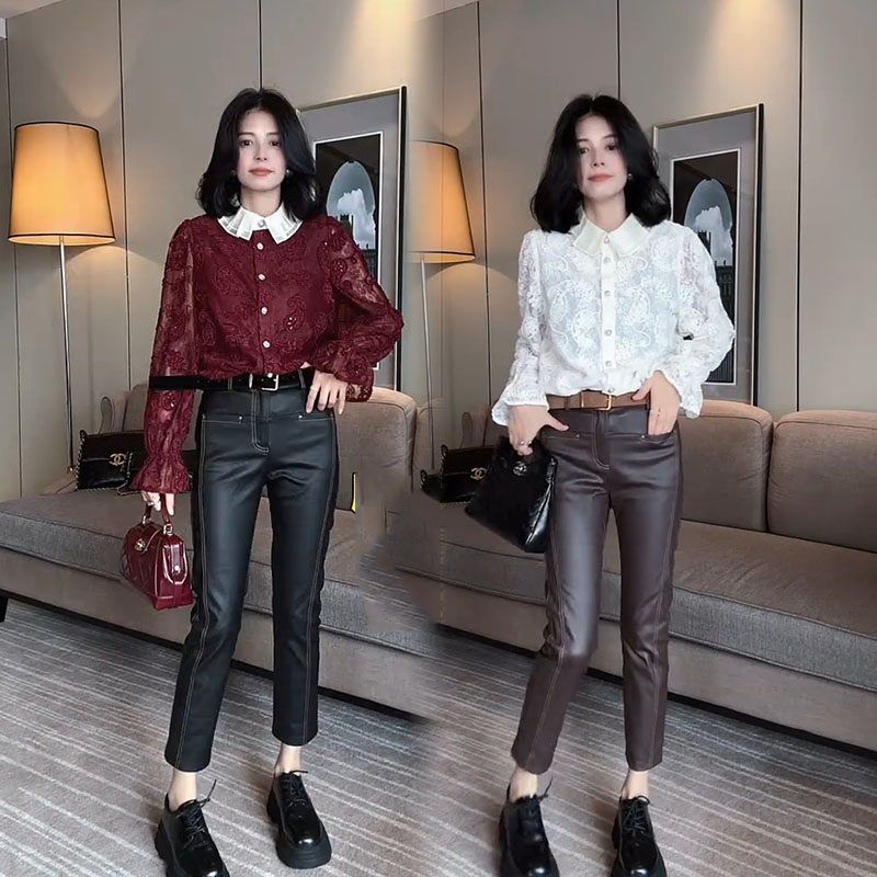 时尚套装女2025春秋新款法式优雅蕾丝衬衫明线九分W小脚裤两件套