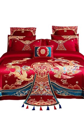 120支全棉婚庆四件套大红色z长绒棉龙凤刺绣结婚喜被床上用品4
