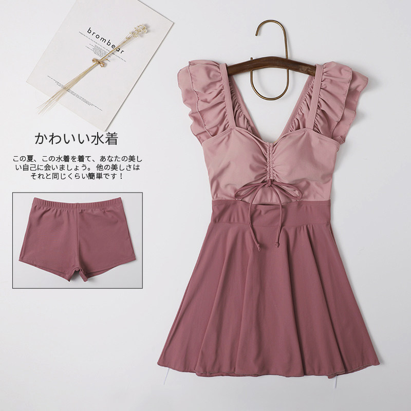 仙女范日系少女甜美灰色INS泳衣荷叶边遮肚N显瘦保守学生温泉泳装