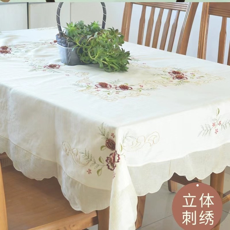 鲁绣 刺绣桌布茶几布布艺米色竹节布120x160 140x215 165xZ265包