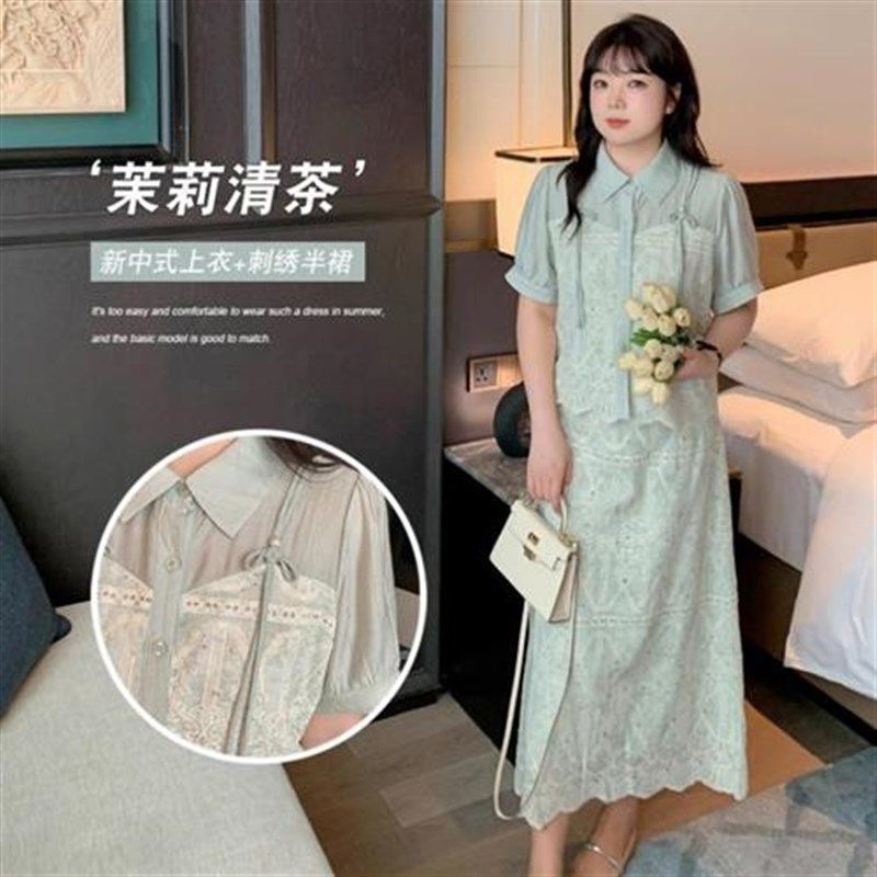 2403夏季新品加肥胖mm设计感国风套装刺L绣大码蕾丝两件套女薄荷