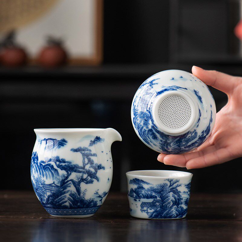 青花瓷茶漏全瓷过滤网陶瓷一体茶漏斗茶隔M功夫茶具公道杯茶滤套
