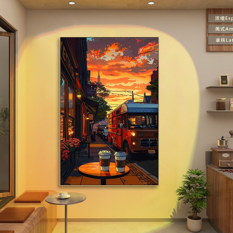 咖啡店装饰画宫崎骏漫画风街景沙发背景墙挂画奶茶店餐Z厅墙面装