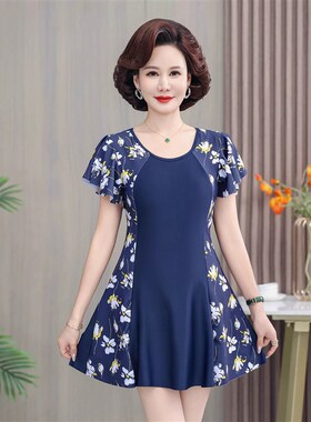 妈妈泳衣中老年女保守分体两件套2B025新款遮肚显瘦大码泡温泉泳