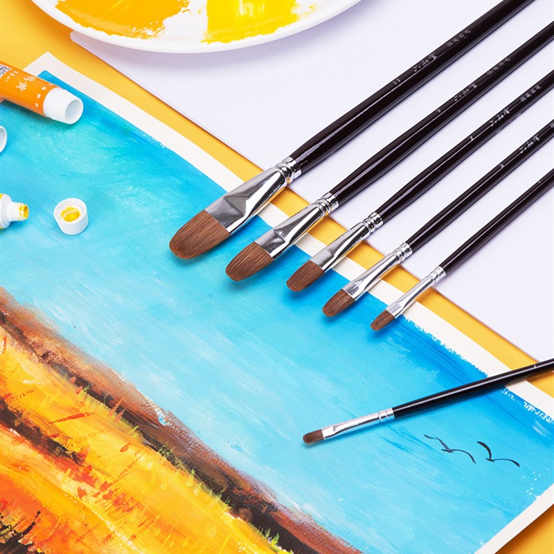 狼毫油画笔桦木杆画笔套装 颜料笔丙烯水彩笔圆头水粉笔套装