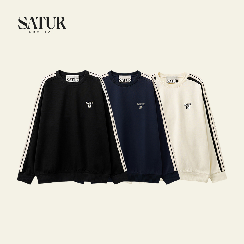 SATUR ARCHIVE秋季新品休闲男女同款宽松编织拼接刺绣纯棉卫衣