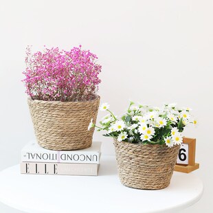 田园草编花盆花器花艺鲜花插花花篮家居客厅桌面收纳绿植藤编花盆