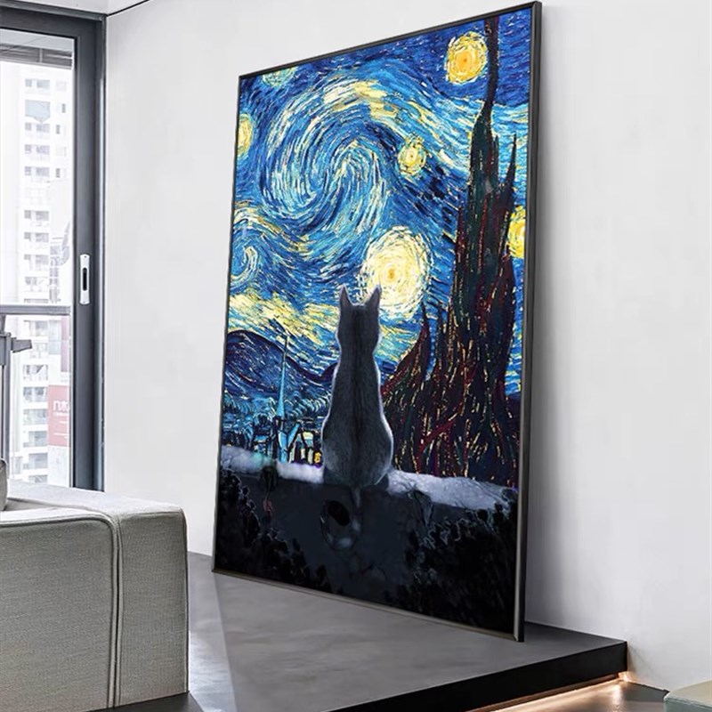 大芬村纯手绘梵高星空猫油画客厅玄关轻奢装饰画侘寂风背景墙挂画