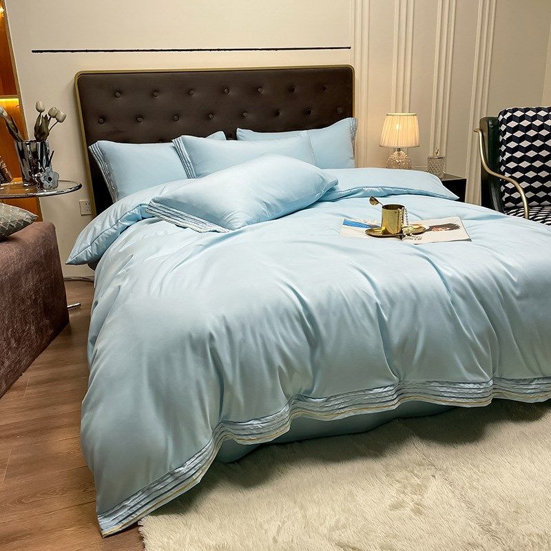 新款简约轻奢风刺绣黑色床上用品四件套男宿舍被套床单被子一整套,床上用品,床品套件/四件套/多件套,淘宝优惠券,粉丝福利购,淘宝优惠卷