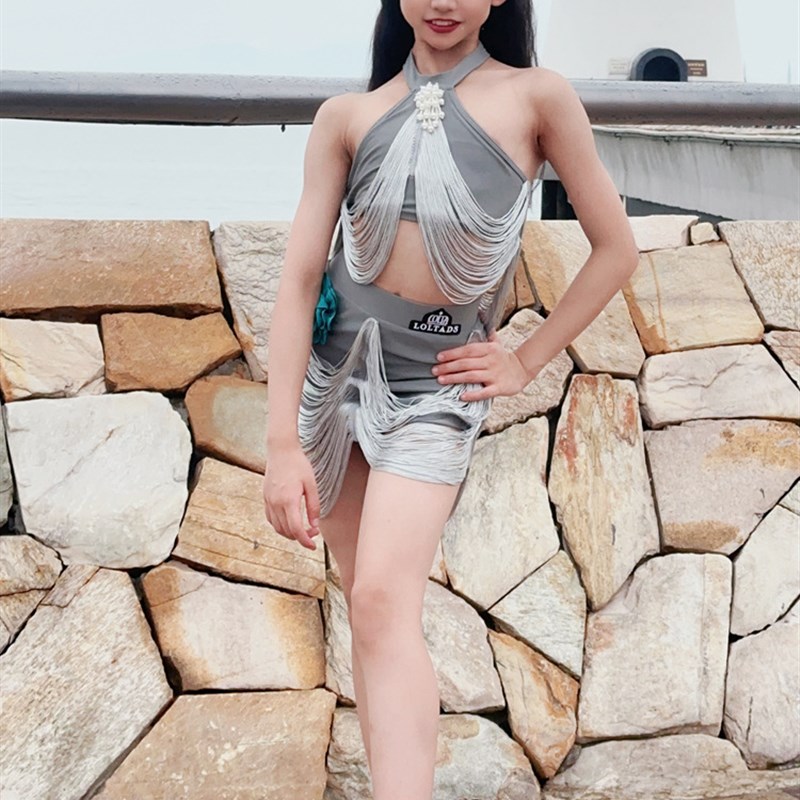 洛利塔夏季儿童高端网红表演练习套装少儿训练拉丁舞蹈女童练功服
