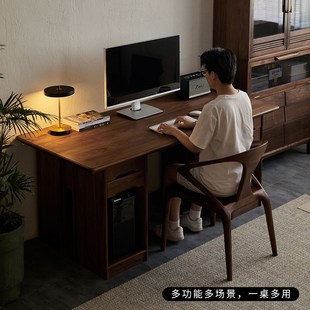 学习桌 实木茶桌黑胡桃木书桌办公桌家用茶台简约功夫泡茶桌新中式