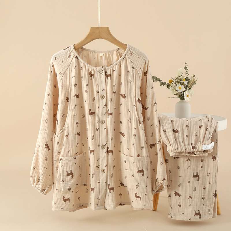 绉布纯棉棉纱圆领女士春秋季月子服弯口隐形哺乳睡衣家居服套装