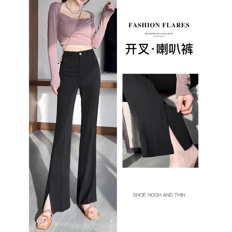 黑色微喇裤女春秋2025新款高腰显瘦垂感小个子开叉休闲西装喇叭裤