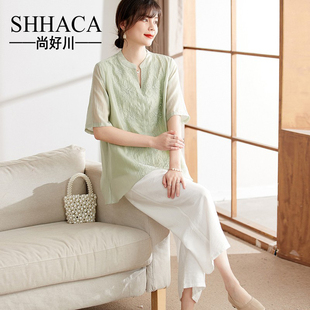 SHHACA母亲节妈妈夏装洋气套装新款短袖上衣中老年女士装雪纺小衫