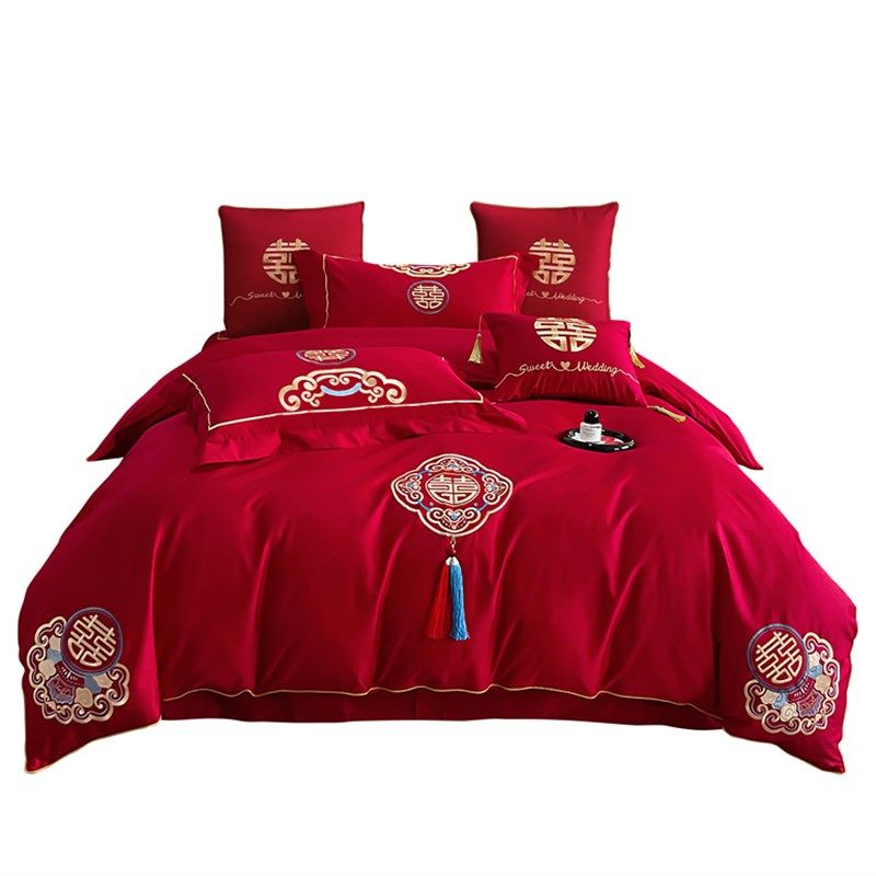 简约160支红色全棉结婚四件套婚庆喜被陪嫁新婚床上用品4