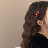 丝绒花边kt刘海碎发夹显白卡通边夹 法式 圣火喵喵 酒红植绒发夹