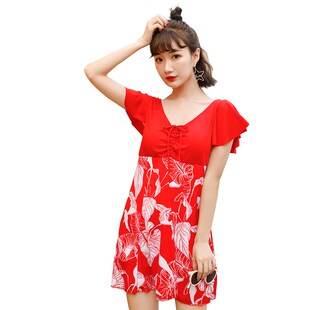 印花时尚 女连体遮肚显瘦保守平角泡温泉裙式 加肥胖mm泳衣 泳装 大码