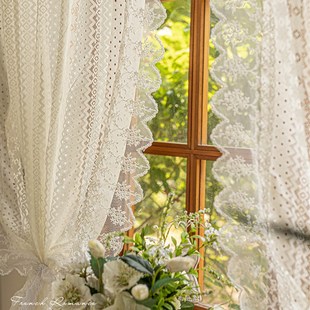 韩式田园白色蕾丝纱帘飘窗窗帘美式乡村半截帘短帘免打孔隔断门帘