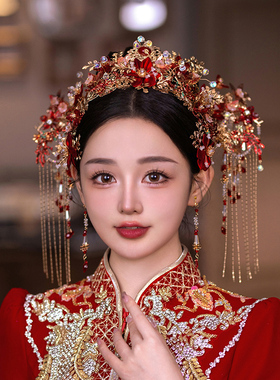 秀禾头饰2023新款中式新娘头饰凤冠步摇红色大气奢华前后冠分体式