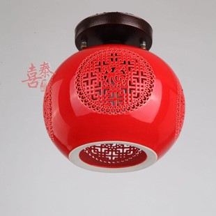 阳台红灯笼红色阳台灯过道玄关吸顶灯门厅走道灯中式陶瓷小吸顶灯