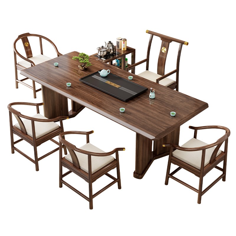 新中式乌金木茶桌椅组合现代简约实木大板茶台办公家用干湿泡茶台