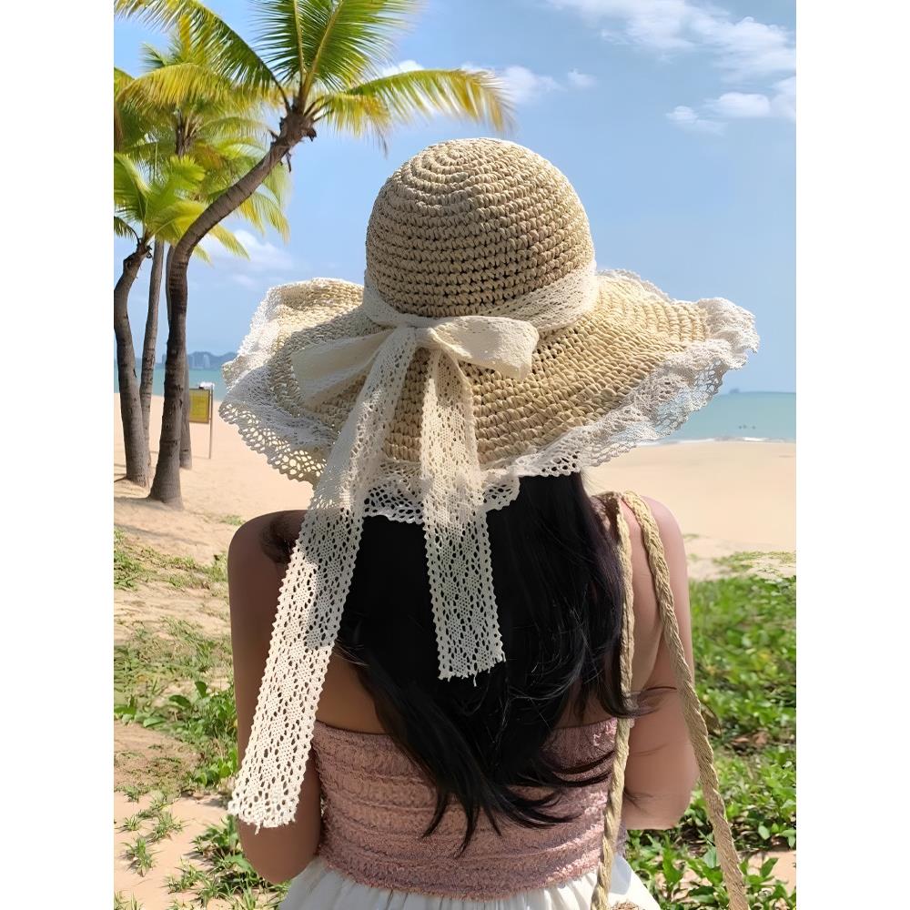 草帽海边防晒蕾丝旅行蕾丝草帽太阳帽海滩太阳帽帽子的女孩