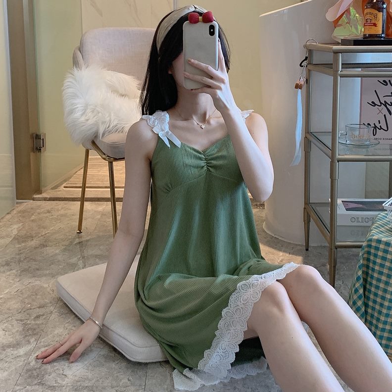 吊带裙纯棉睡裙女夏季薄款花边公主风的很仙可爱带胸垫家居服睡衣