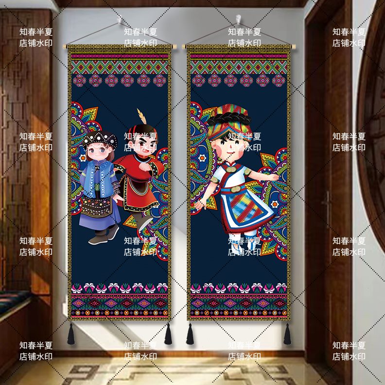 布艺客栈走廊墙壁民宿民族风卧室挂毯挂画室内装饰酒店羌族背景布图片